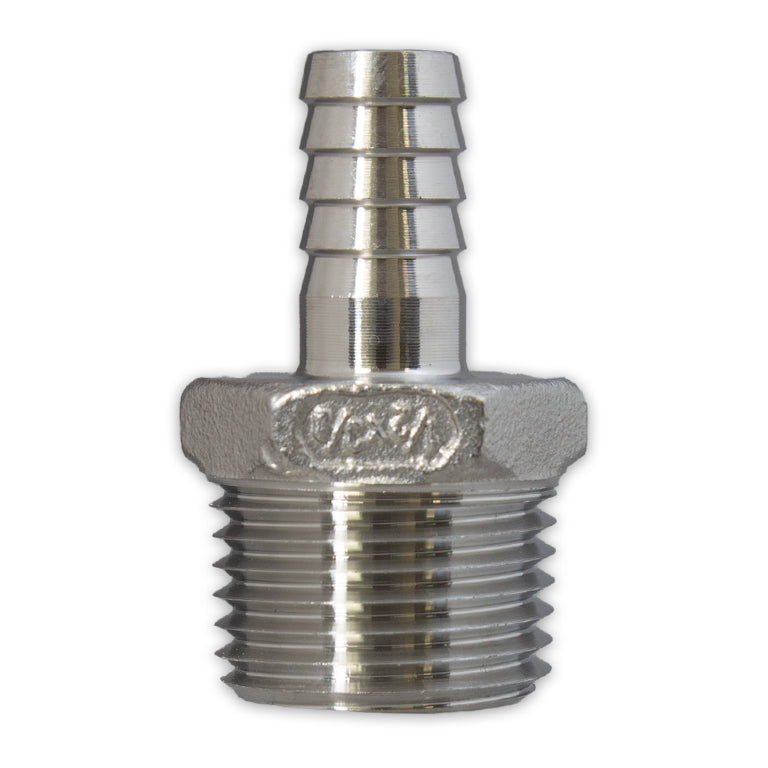 STAINLESS STEEL 3/8&quot; BARBED HOSE FITTING - 1/2&quot; MALE NPT